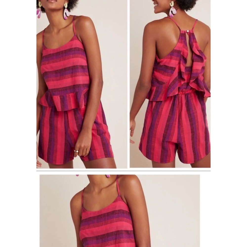 Amadi Anthropologie Pink Ruffled Striped Linen Blend Romper Sleeveless Small S/4